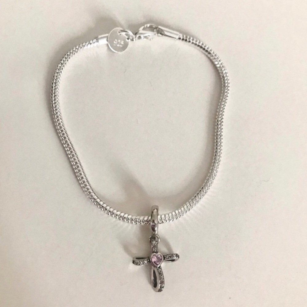 Sterling Silver Cross Charm Bracelet with Pink Heart Accent